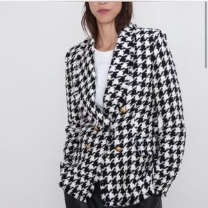 Houndstooth Double-Breasted Women's Blazer Jacket - Black & White